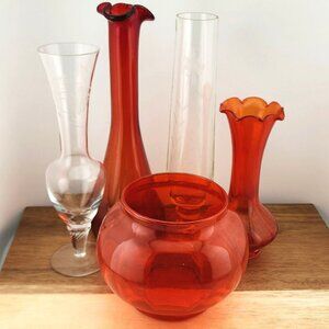 5 Vintage Art Glass Vases mismatched rose bowl orange styles mix 1970s chic